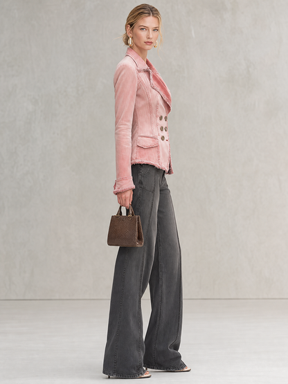 Pink Washed Denim Jacket Frayed Distressed Double-breasted Slim-fit Lapel Suit