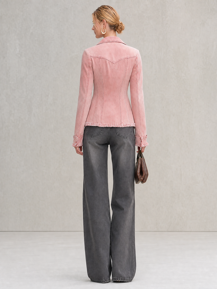 Pink Washed Denim Jacket Frayed Distressed Double-breasted Slim-fit Lapel Suit