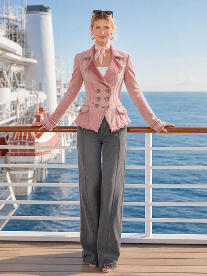 Pink Washed Denim Jacket Frayed Distressed Double-breasted Slim-fit Lapel Suit