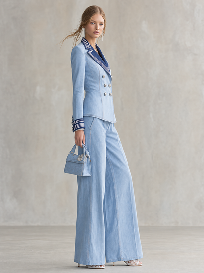Women's Light Blue Denim Blazer Nautical Striped Lapel Double-Breasted Cropped Jacket