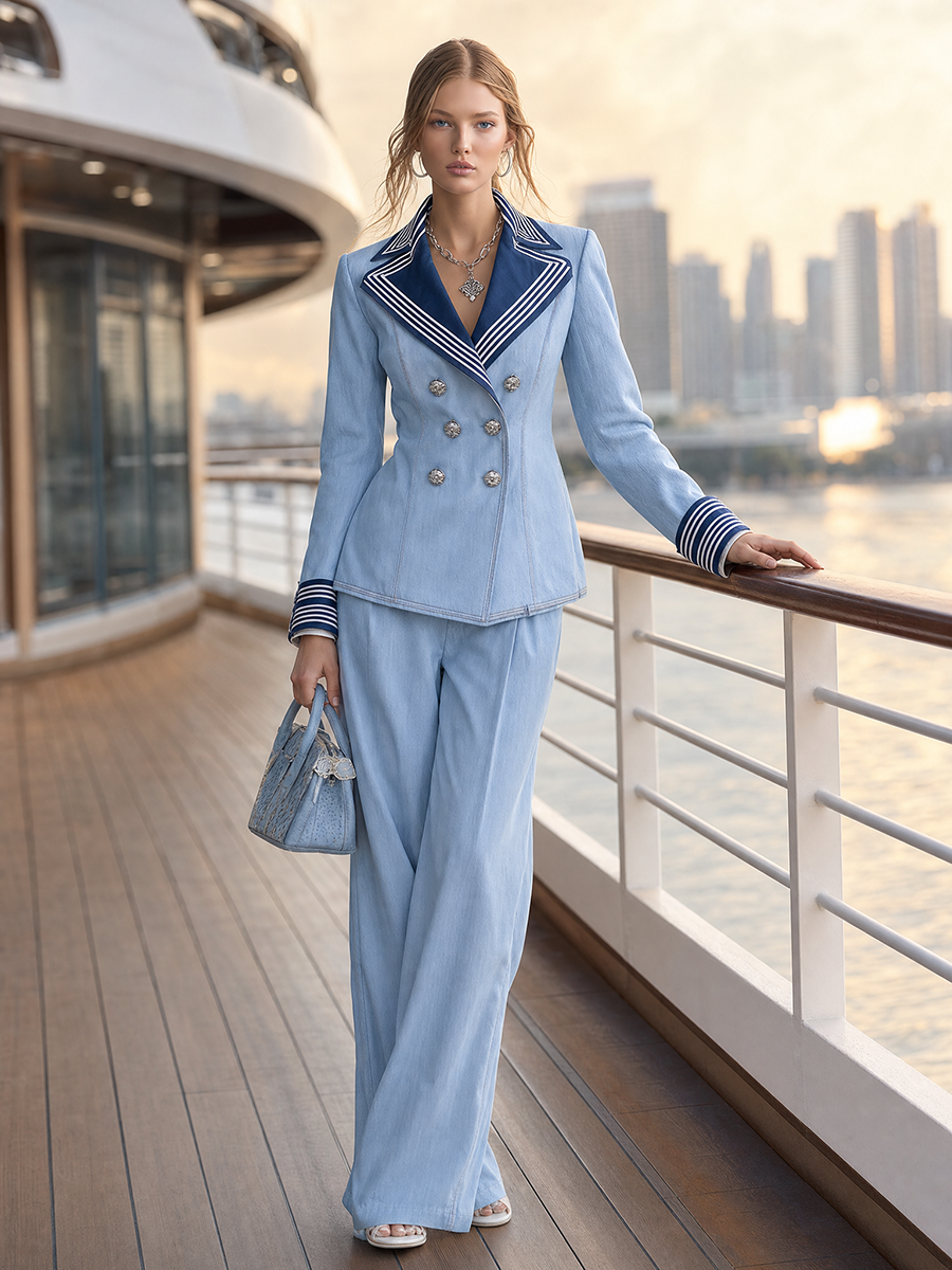 Women's Light Blue Denim Blazer Nautical Striped Lapel Double-Breasted Cropped Jacket