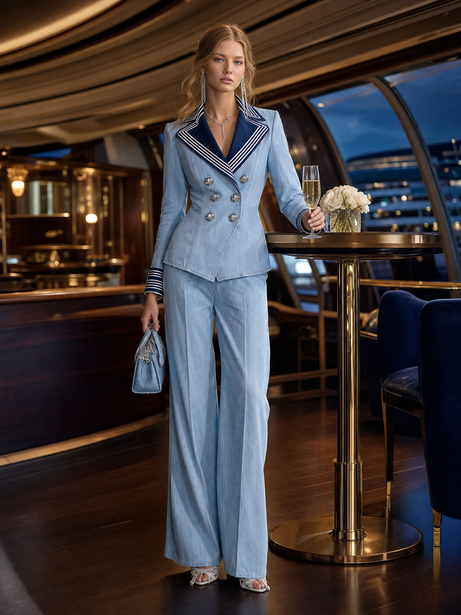 Women's Light Blue Denim Blazer Nautical Striped Lapel Double-Breasted Cropped Jacket