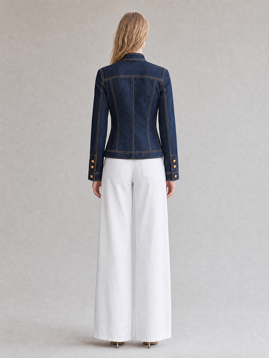 Omen's Dark Wash Denim Jacket Slim Fit Stand Collar Military Button Front