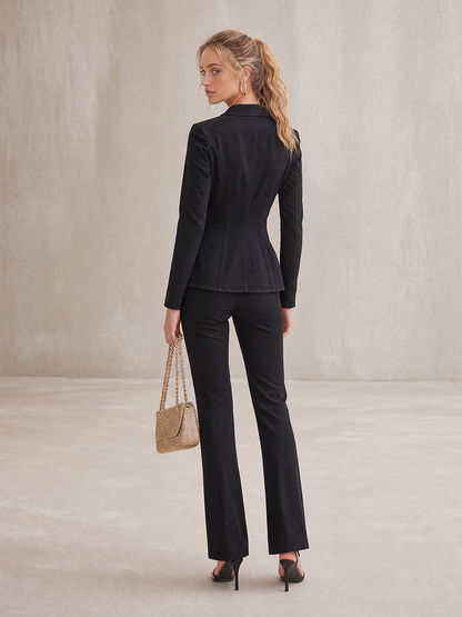 Black Washed Denim Blazer Women Gold Button Double-Breasted Peplum Fitted Jacket