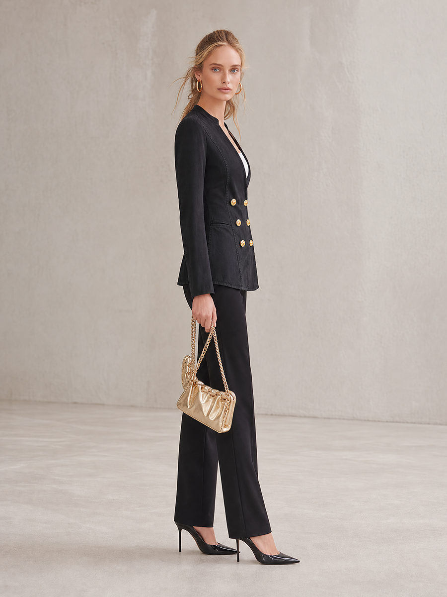 Black Washed Denim Blazer Women Gold Button Double-Breasted Peplum Fitted Jacket