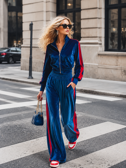 Women's Sporty Style Contrast-Trim Velvet Zip-Up Jacket & Wide-Leg Pants Two-Piece Set
