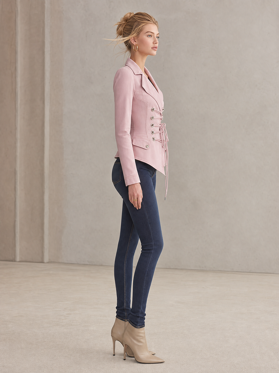 Pink Washed Denim Jacket Women Lace-Up Corset Waist Fitted Peplum Blazer