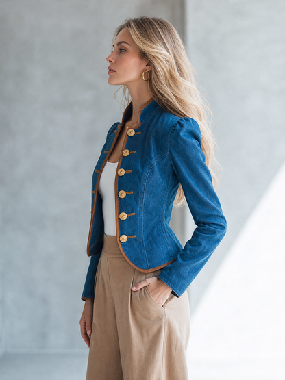 Women's Navy Denim Military Jacket Gold Button Fitted Cropped Officer Blazer