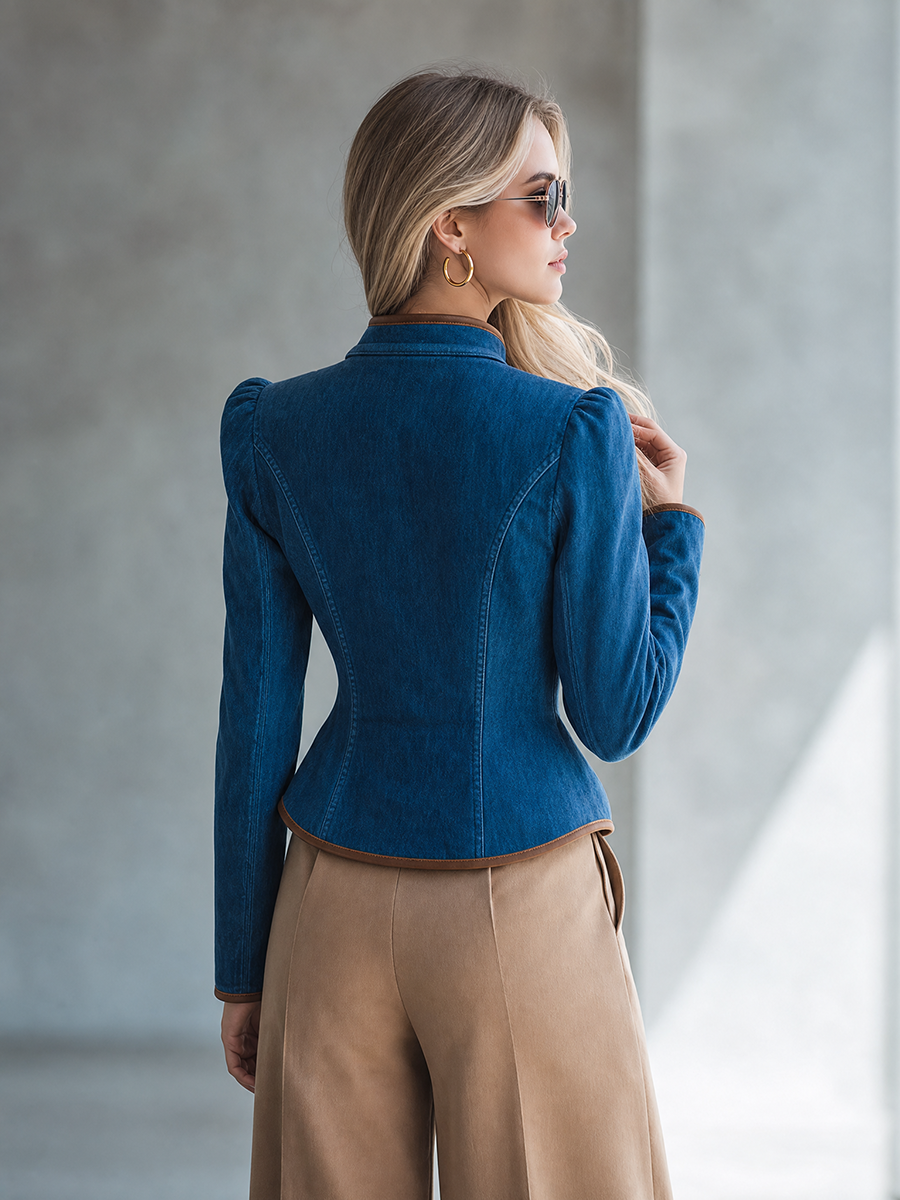 Women's Navy Denim Military Jacket Gold Button Fitted Cropped Officer Blazer