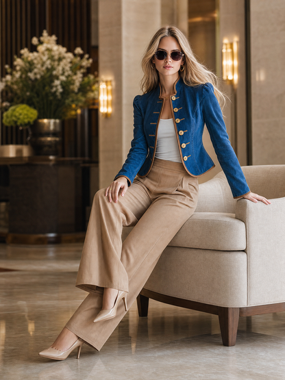 Women's Navy Denim Military Jacket Gold Button Fitted Cropped Officer Blazer