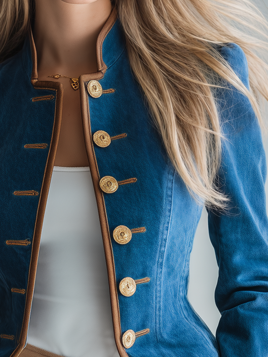 Women's Navy Denim Military Jacket Gold Button Fitted Cropped Officer Blazer