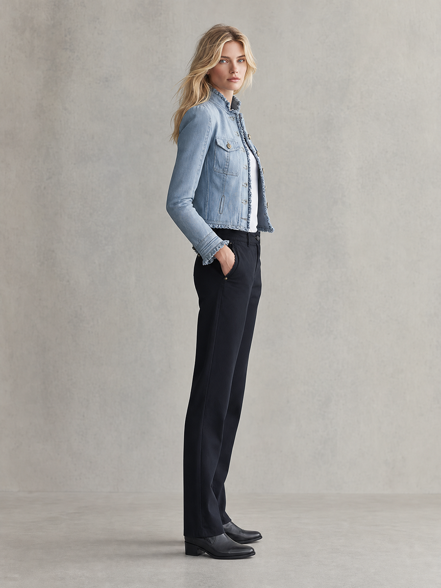Women's Light Blue Denim Jacket Frayed Trim Gold Button Cropped Coat