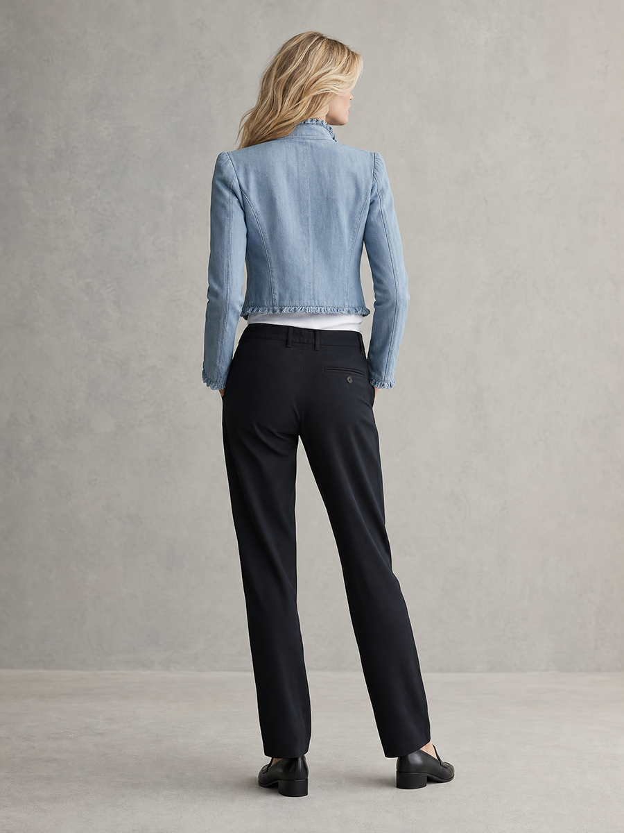 Women's Light Blue Denim Jacket Frayed Trim Gold Button Cropped Coat