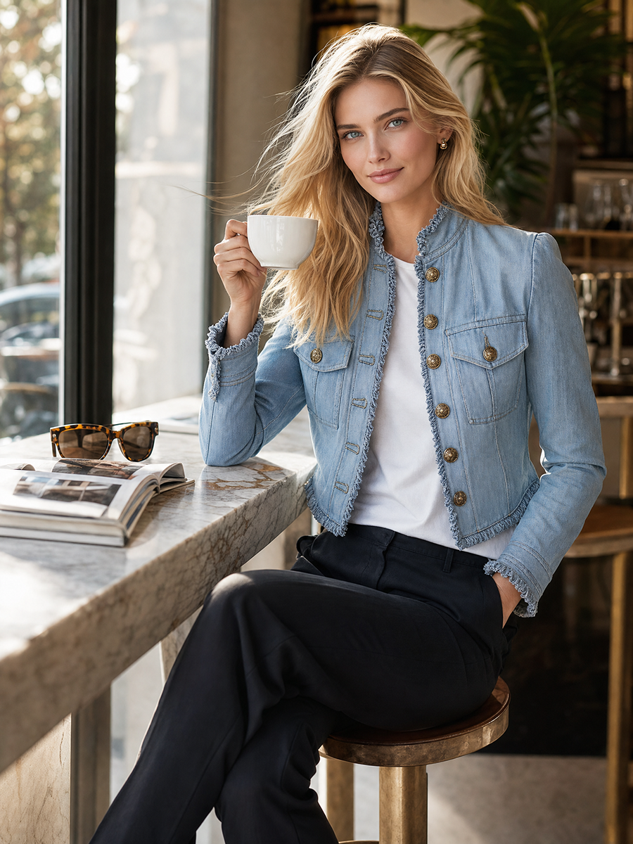 Women's Light Blue Denim Jacket Frayed Trim Gold Button Cropped Coat