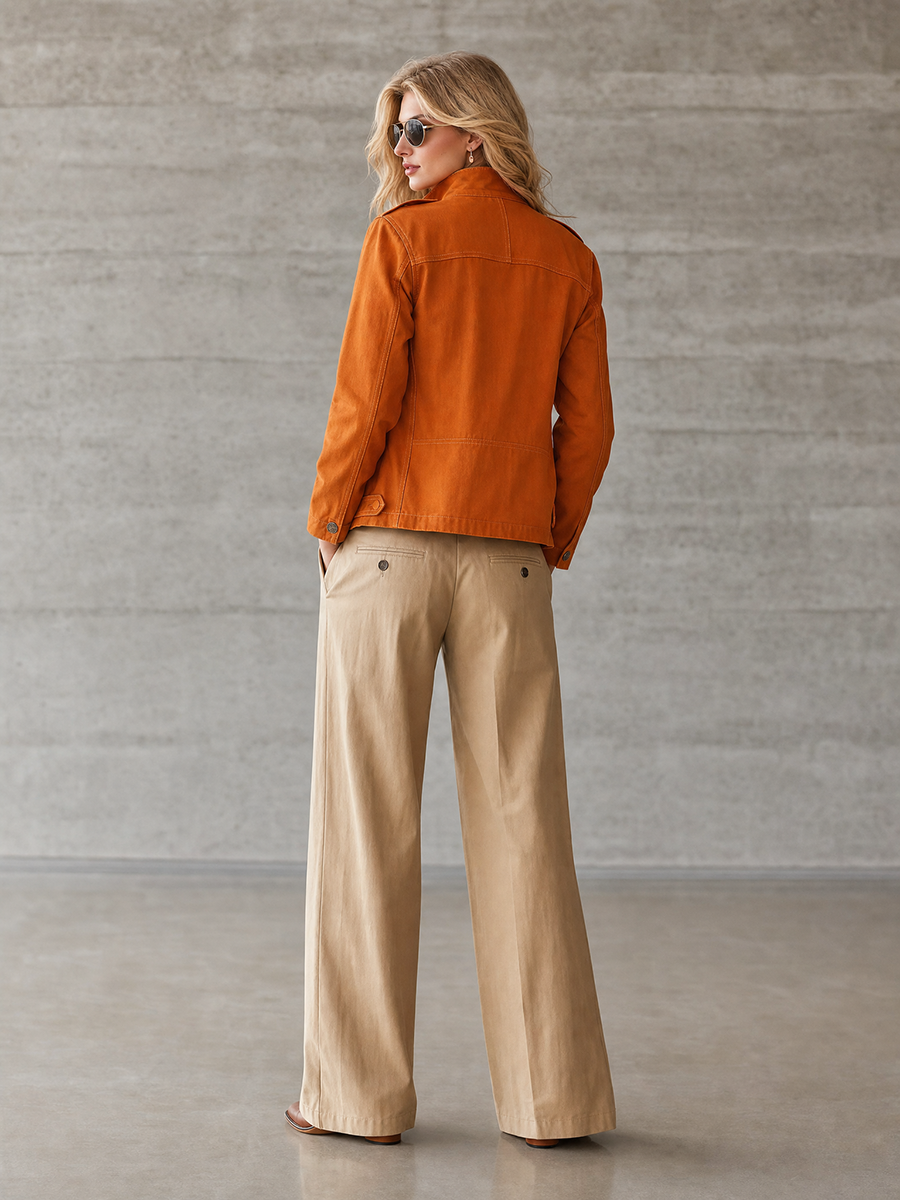 Women's Orange Stand-Collar Utility Jacket Metal Button Fitted Field Coat