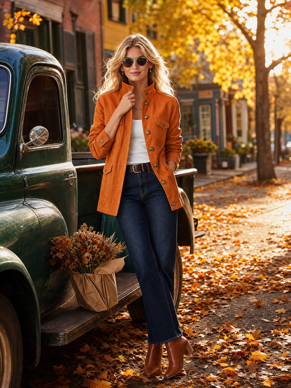 Women's Orange Stand-Collar Utility Jacket Metal Button Fitted Field Coat