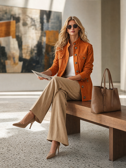 Women's Orange Stand-Collar Utility Jacket Metal Button Fitted Field Coat