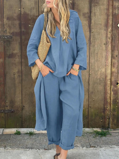 Jenna V-neck Top and Wide-leg Pants Set