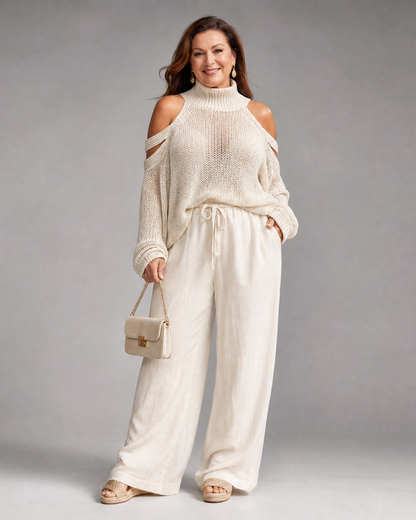 Elamen | Cold Shoulder Knit Sweater Wide Leg Pants Set