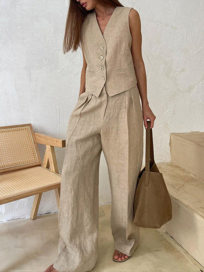 Sarah V-neck Pleated Wide-leg Pants Suit
