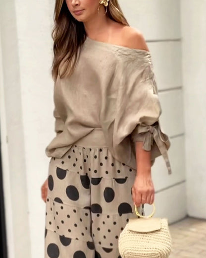 Abby Casual Shoulder Top & Printed Pants Set