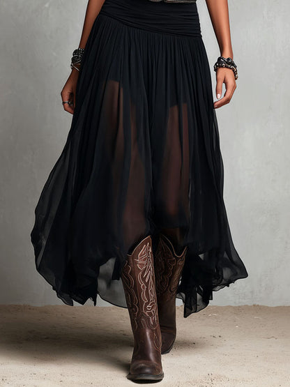 Black Boho Western Stretchy Maxi Dress with Sheer Skirt