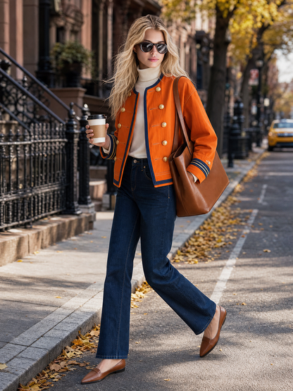 Women's Orange Military Jacket Double-Breasted Gold Button Oversized Band Coat