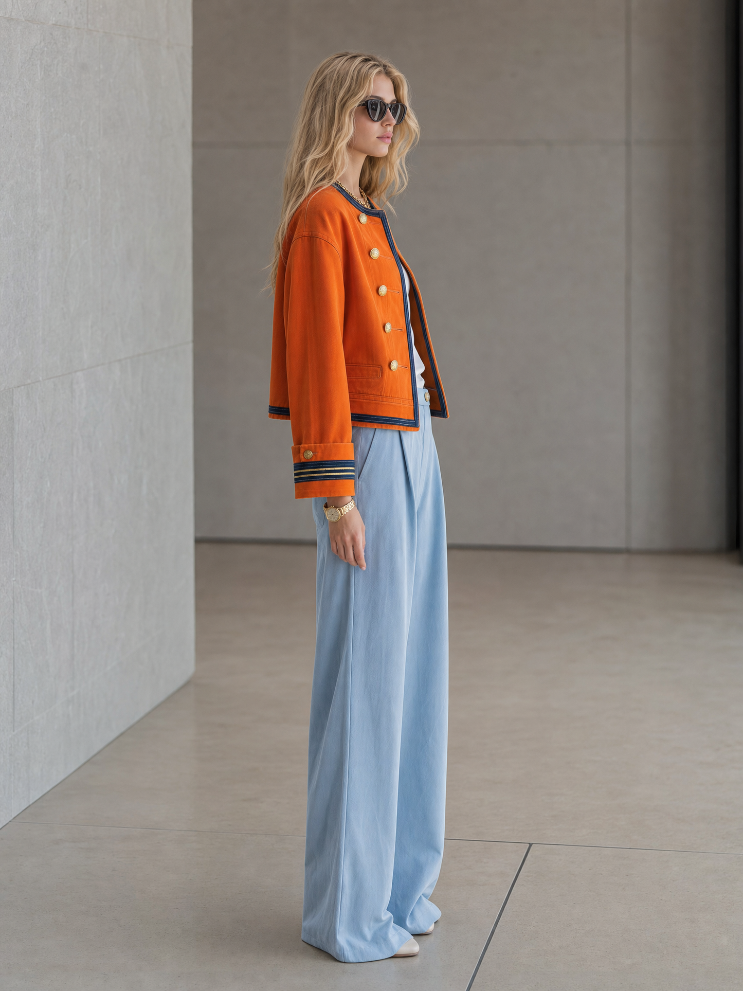 Women's Orange Military Jacket Double-Breasted Gold Button Oversized Band Coat