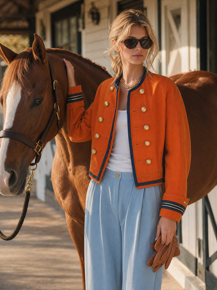 Women's Orange Military Jacket Double-Breasted Gold Button Oversized Band Coat