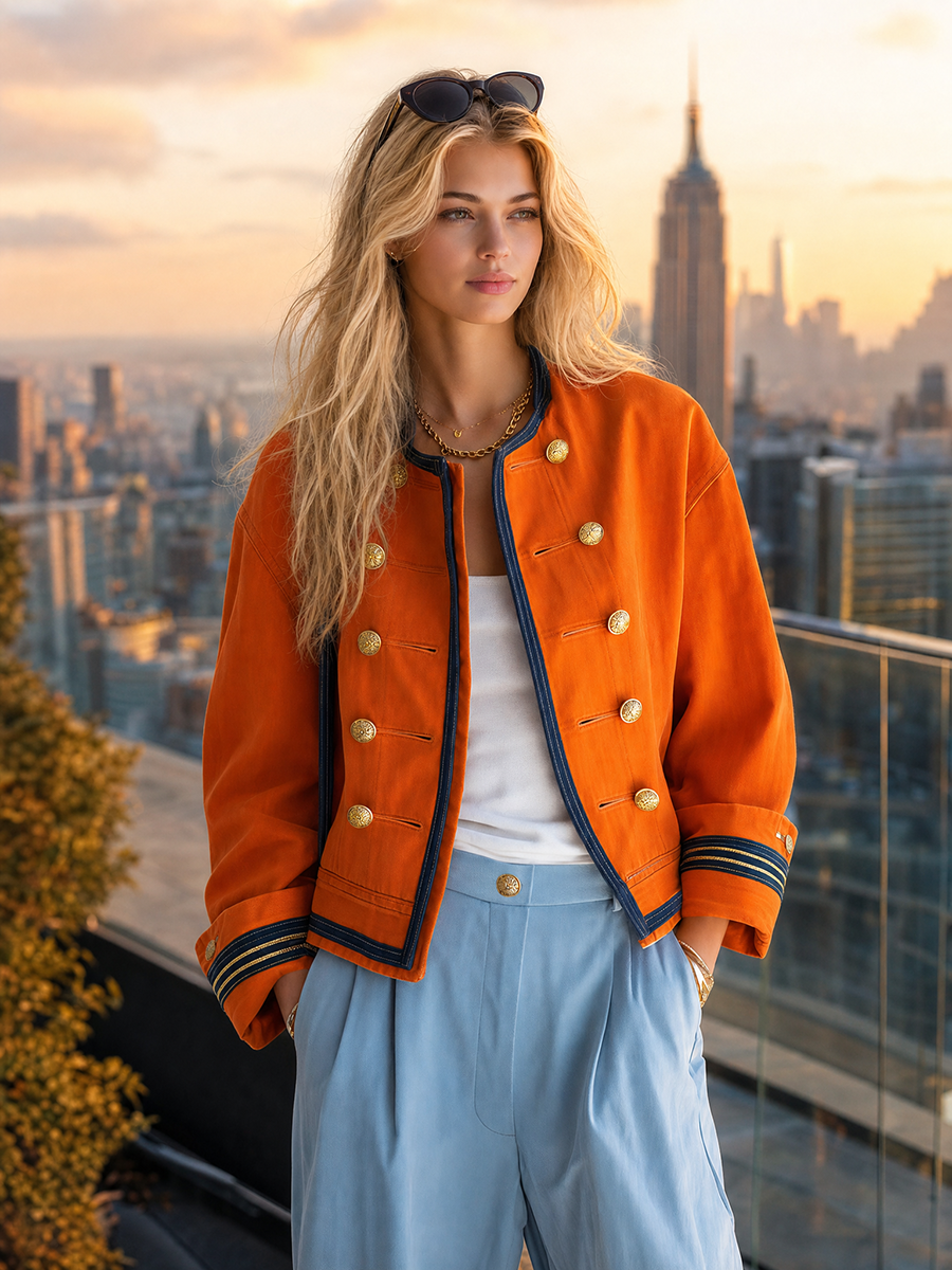 Women's Orange Military Jacket Double-Breasted Gold Button Oversized Band Coat