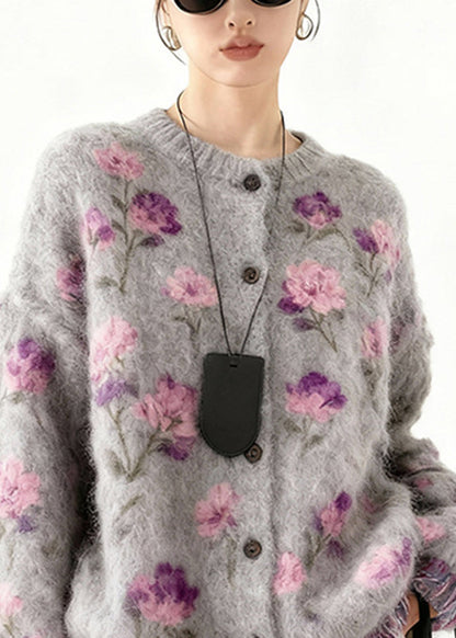 2026 New Purple Print Button Tassel Cotton Knit Cardigans Spring