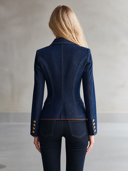 Slim Fit Women's Denim Blazer Gold Buttons Contrasting Trim