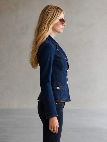 Slim Fit Women's Denim Blazer Gold Buttons Contrasting Trim
