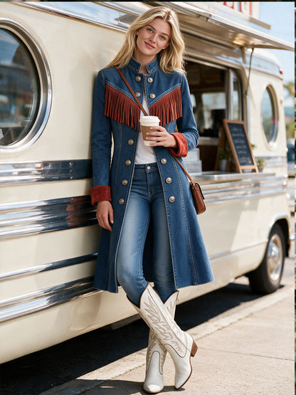Western Retro Red Tassel Blue Stand-up Collar Double-breasted Denim Coat