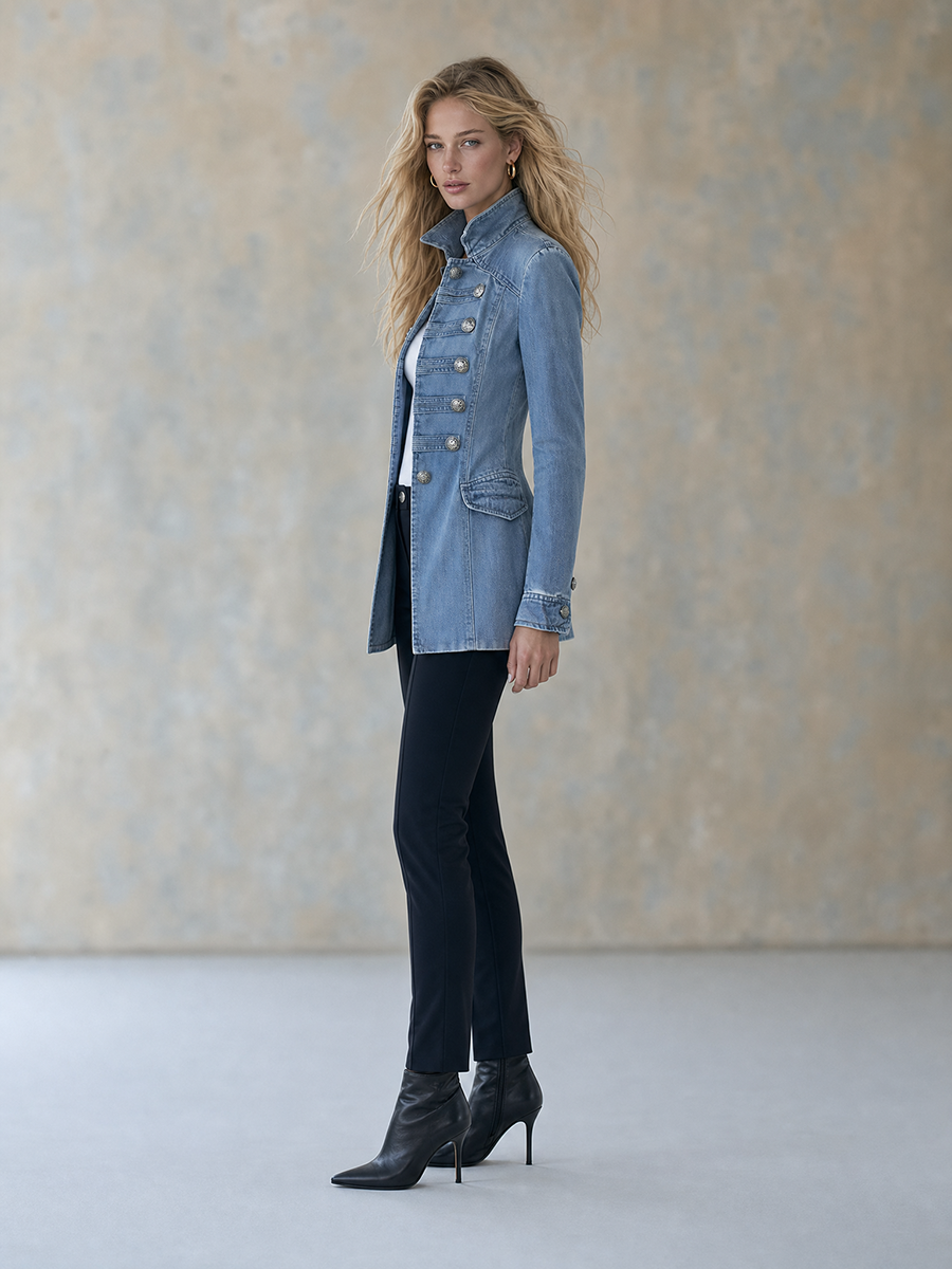 Women's Military Style Fitted Light Wash Denim Jacket With Decorative Buttons