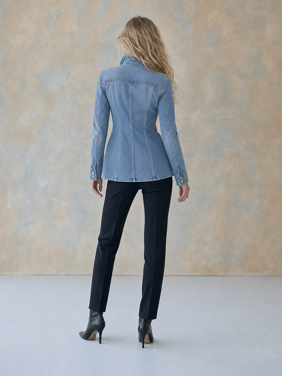 Women's Military Style Fitted Light Wash Denim Jacket With Decorative Buttons