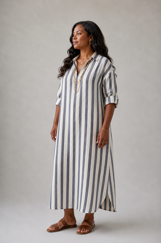 Naomi | Long Sleeve Striped Midi Shirt Dress