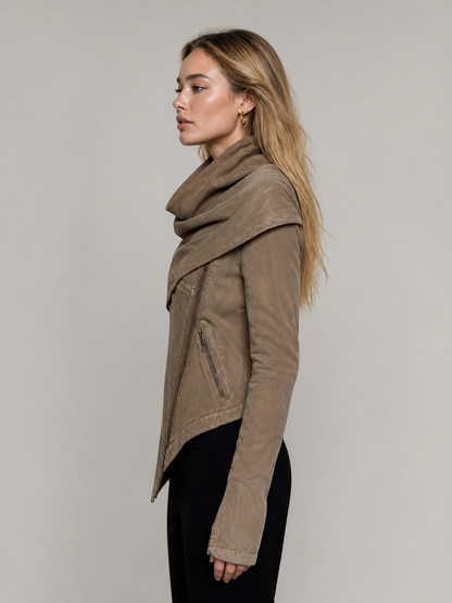 Women's Asymmetrical Zip Denim Jacket Draped Collar Moto Style