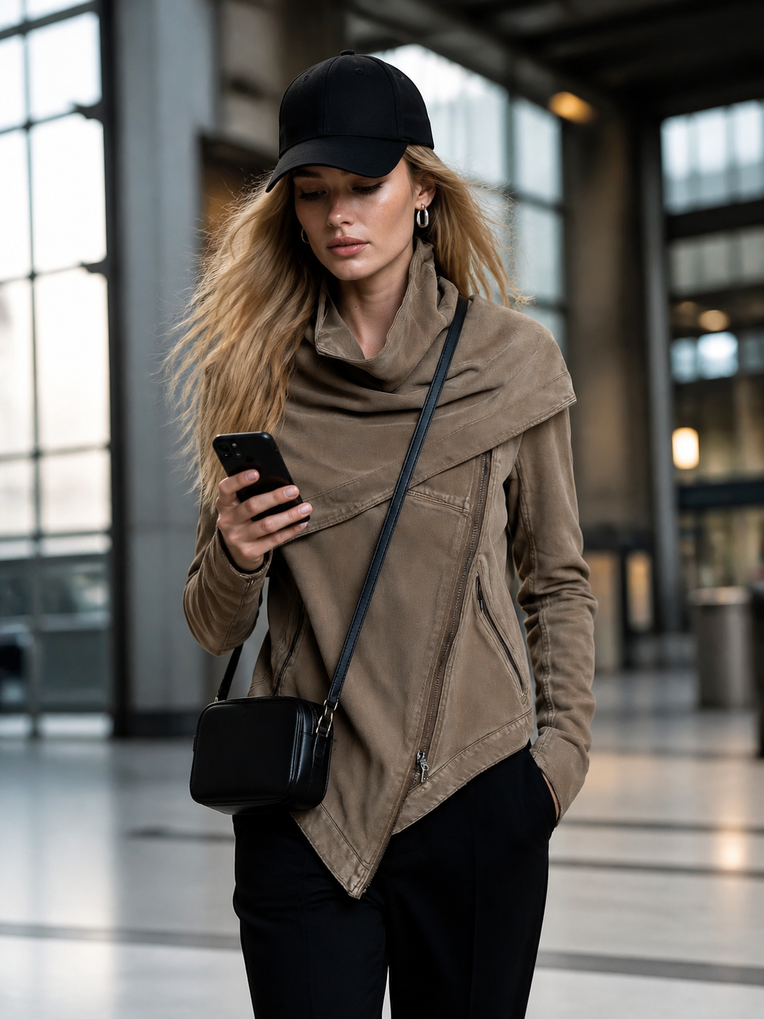 Women's Asymmetrical Zip Denim Jacket Draped Collar Moto Style