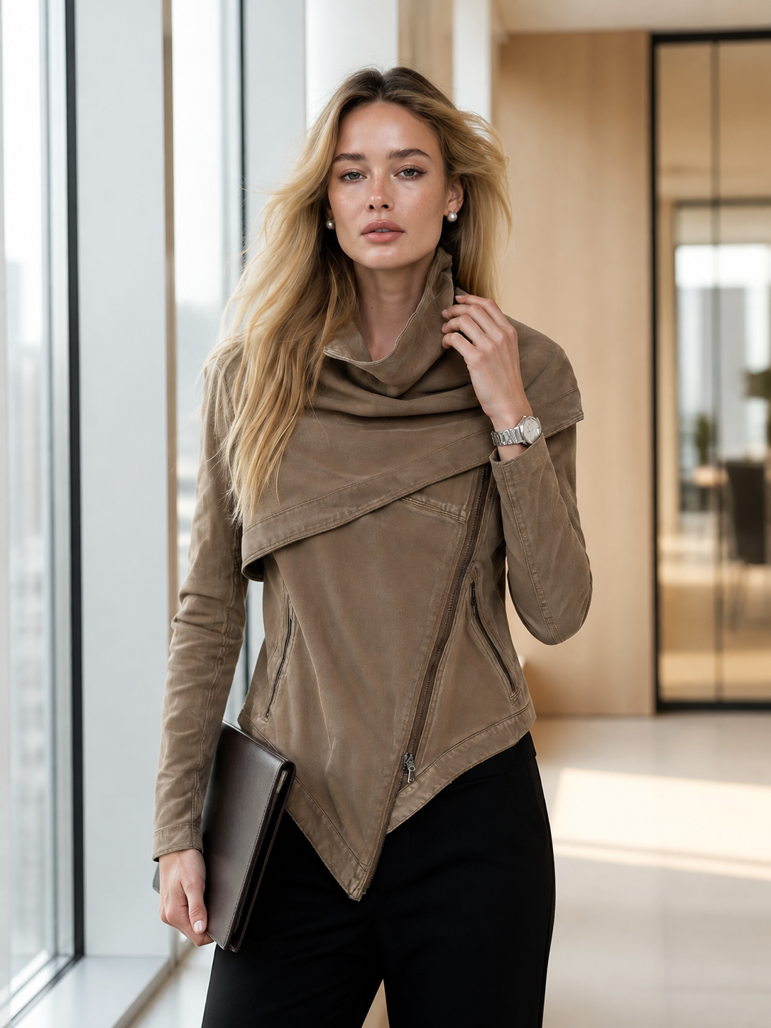 Women's Asymmetrical Zip Denim Jacket Draped Collar Moto Style