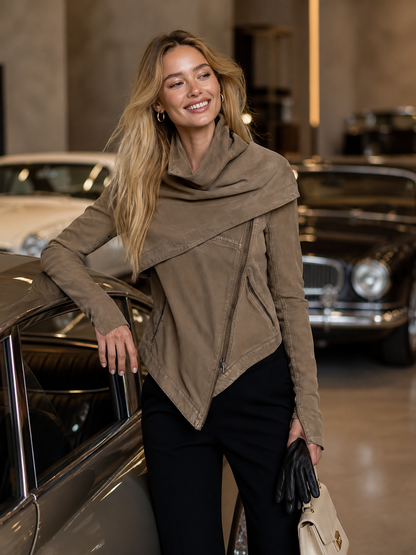 Women's Asymmetrical Zip Denim Jacket Draped Collar Moto Style