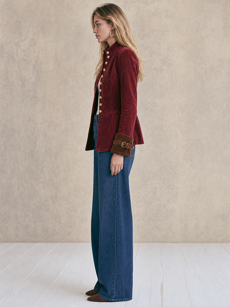 Women's Burgundy Denim Military-style Blazer With Gold Buttons