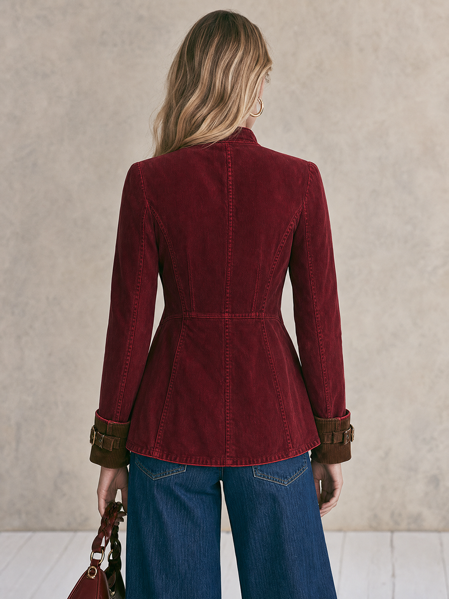 Women's Burgundy Denim Military-style Blazer With Gold Buttons