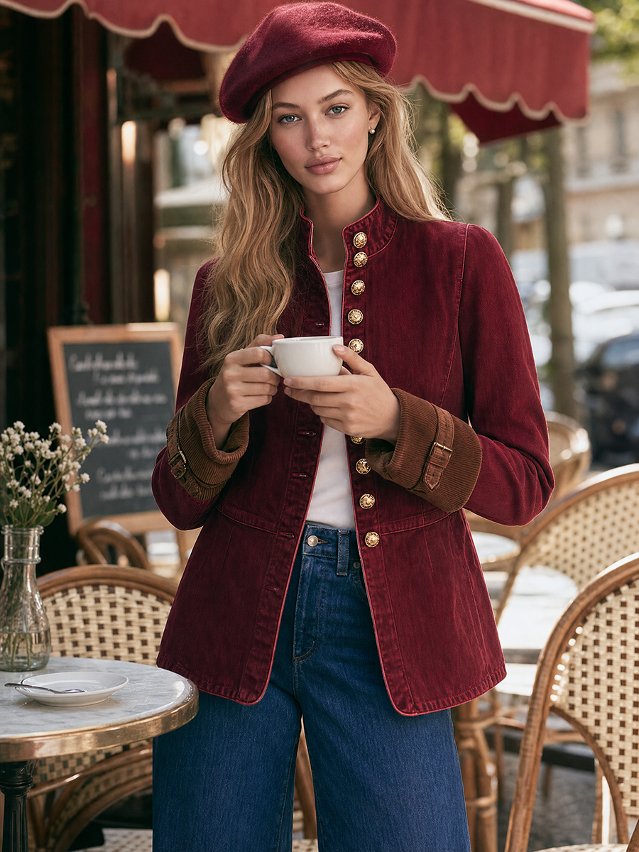 Women's Burgundy Denim Military-style Blazer With Gold Buttons