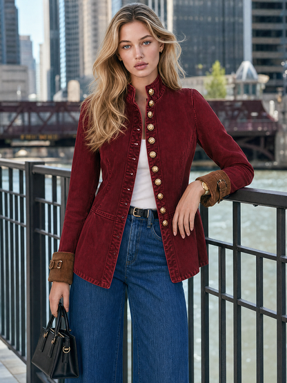 Women's Burgundy Denim Military-style Blazer With Gold Buttons