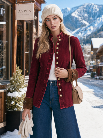 Women's Burgundy Denim Military-style Blazer With Gold Buttons