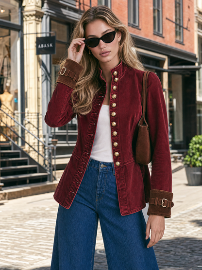 Women's Burgundy Denim Military-style Blazer With Gold Buttons