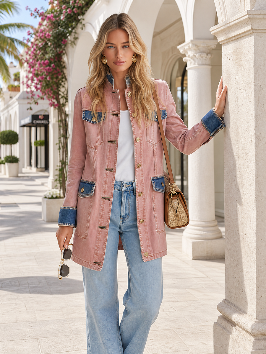 Women’s Blush Pink Denim Military Jacket With Contrast Blue Trim