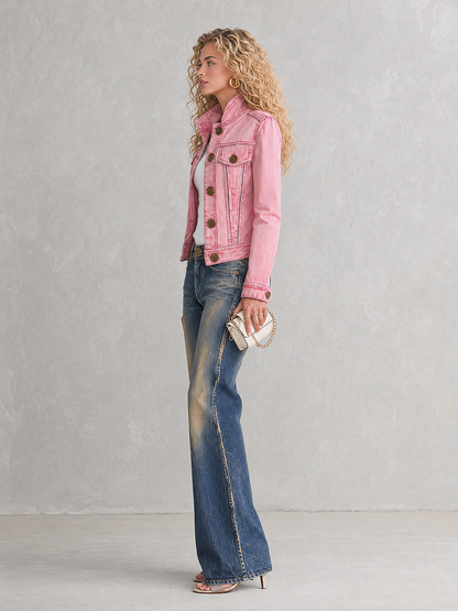 Pink Cropped Denim Jacket For Women
