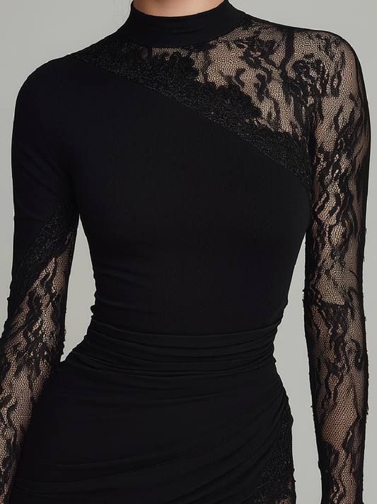 Black Turtleneck Lace Asymmetrical Tulle Long Sleeve Mini Dress